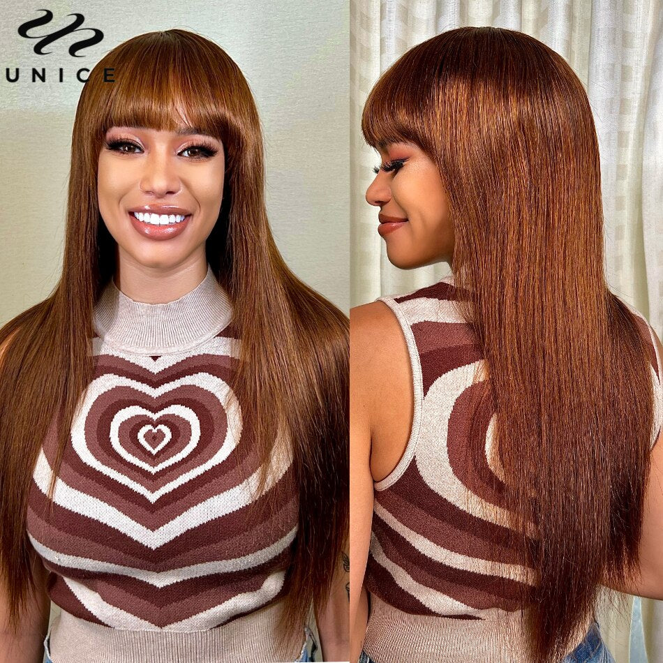 UNice Layer Cut Mocha Medium Brown Glueless Beginner Friendly Straight Wig With Bangs Wear and Go Cap Soft &amp; Smooth Virgin hair