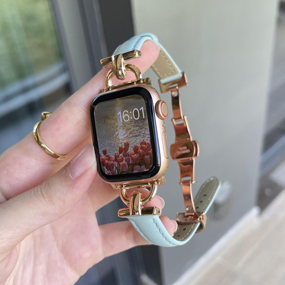 Leather Women Bracelet for Apple Watch Ultra 49mm 41 45mm 38 40mm 42 44MM Butterfly Buckle Band for iWatch Series 8 7 6 SE 5 4 3