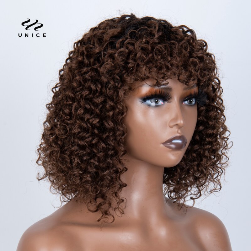 Unice Deep Curly Bob Wig With Bangs 100% Human Hair Wig Chocolate Brown Wig