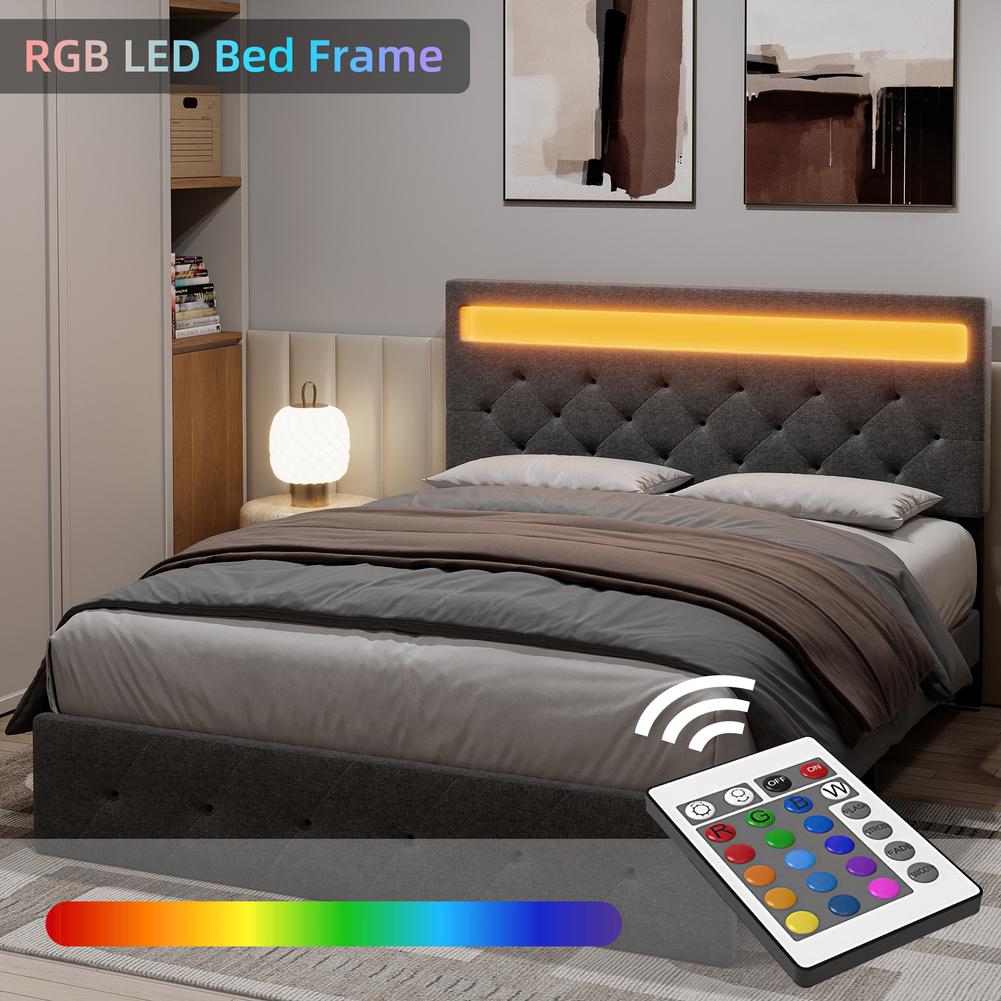 Full Bed Frame LED Lights Headboard Bed Frame with Fast-Charging USB Port Upholstered Platform Bed Frame No Box Spring Needed