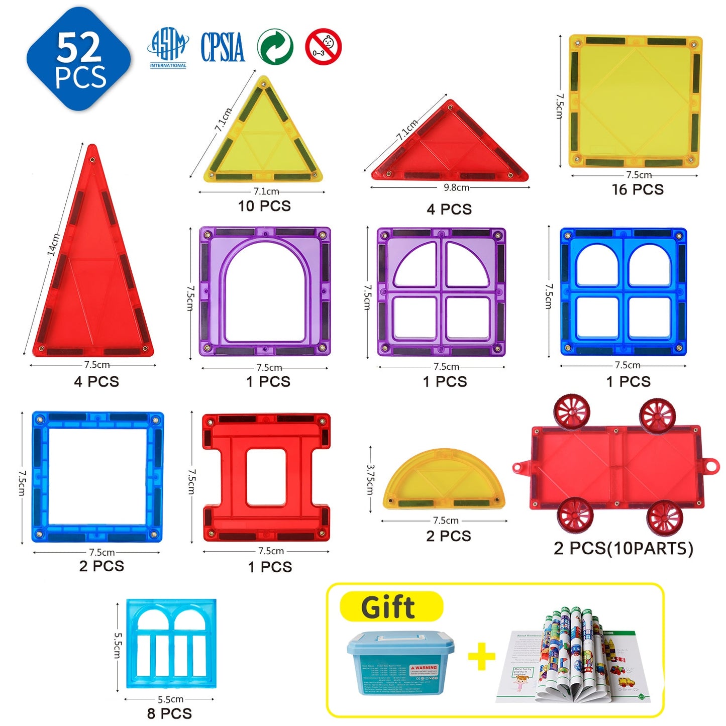 52 PCS Big Size Magnetic Construction Building Blocks Sets Montessori Educational Toys DIY 3D Magnetic Tiles  for Kids Gifts