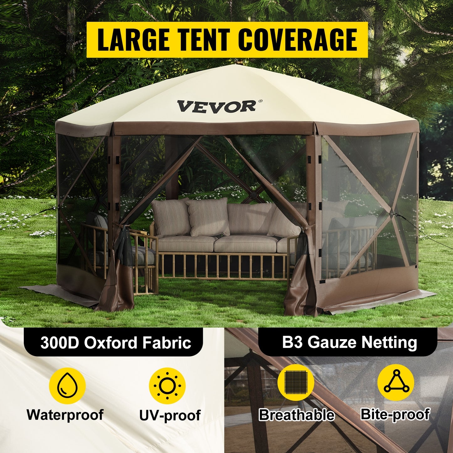 VEVOR Pop-up Camping Gazebo Camping Canopy Shelter 6 Sided 12&#39; x 12&#39; / 10&#39; x 10&#39; Sun Shade Tents &amp; Canopies Camping &amp; Hiking