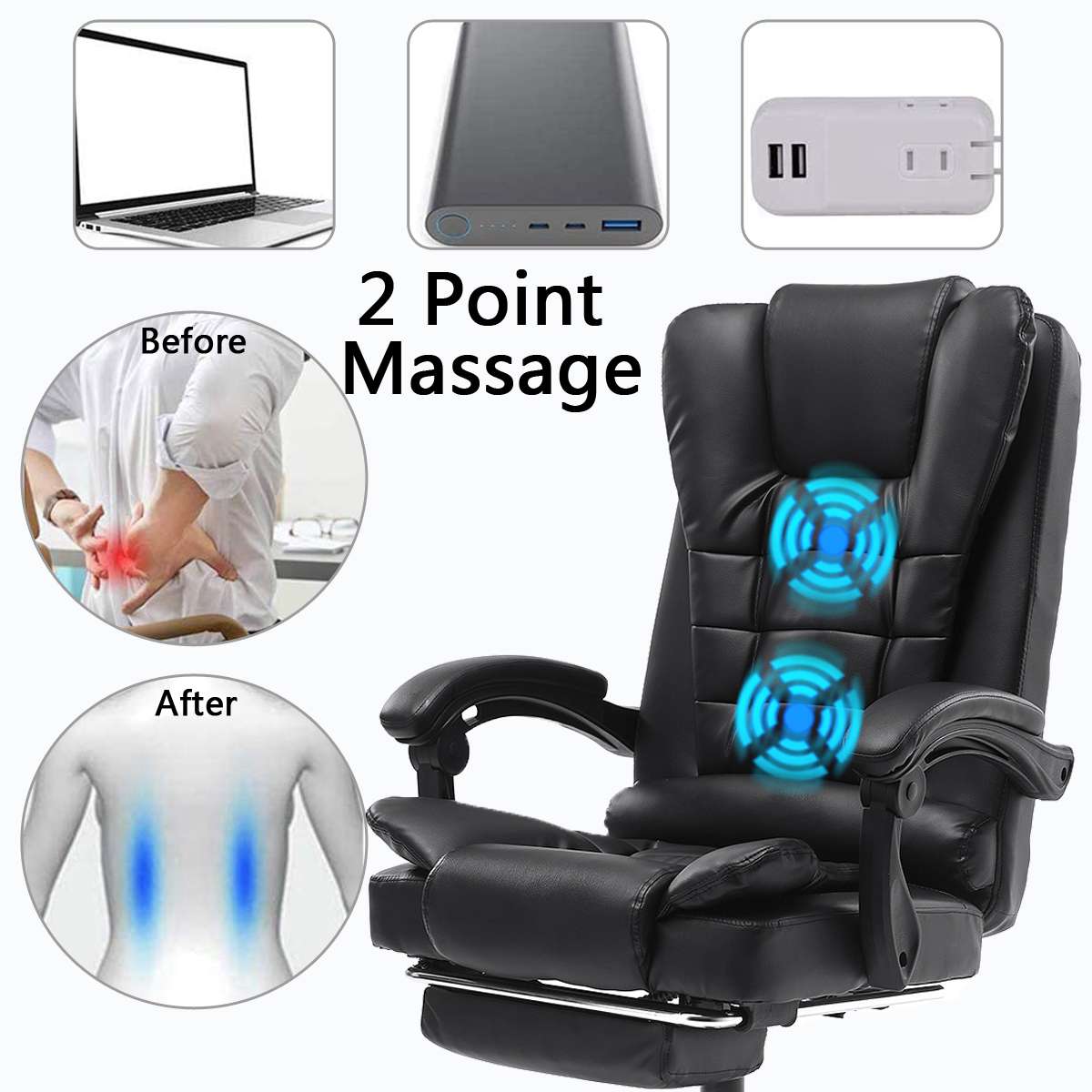 Adjustable Executive Massage Office Chair Reclining High Back Chair Big Tall Leather Ergonomic Swivel Task Chair with Footrest