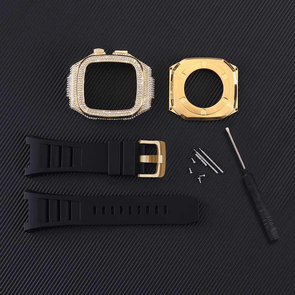 Diamond Modification Kit For Apple Watch 8 7 6 SE 5 4 Lady Metal Frame Refit For Iwatch Series 44mm 45mm Rubber Band MOD KIT