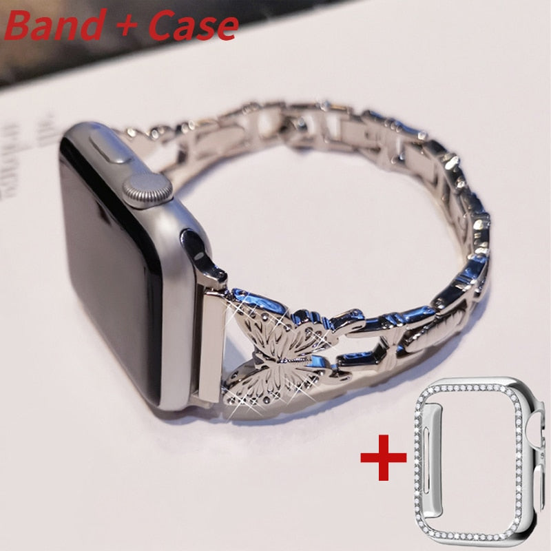 Metal Bling Band For Apple Watch 44 40 38 42mm 41 45 Women Stainless Steel Bracelet Diamond Butterfly For iWatch Series 7 6 543