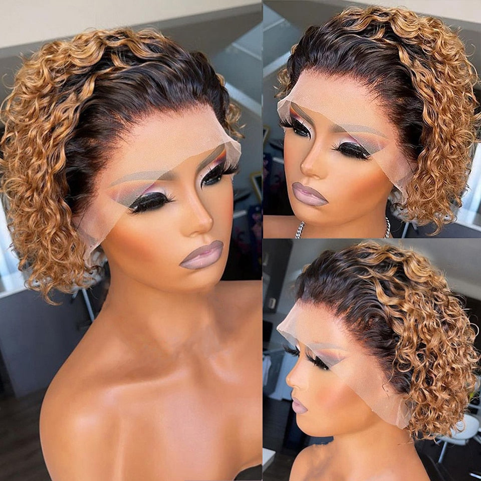 Brown Pixie Cut Wig Short Curly Human Hair Wigs Cheap Human Hair Wig 13X1 Transparent Lace Wig For Women Human Hair Pre Plucked