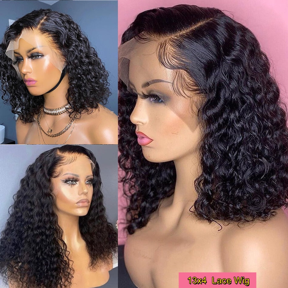 Short Bob Lace Front Curly Human Hair Wigs Transparent Deep Wave Frontal Wig For Women Brazilian Water Wave Lace Wig Sale Remy