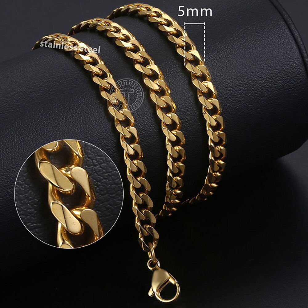 3mm/5mm/7mm Cuban Link Chain for Men Women Gold Color Stainless Steel Necklace Choker Basic Punk Jewelry 16inch-24inch