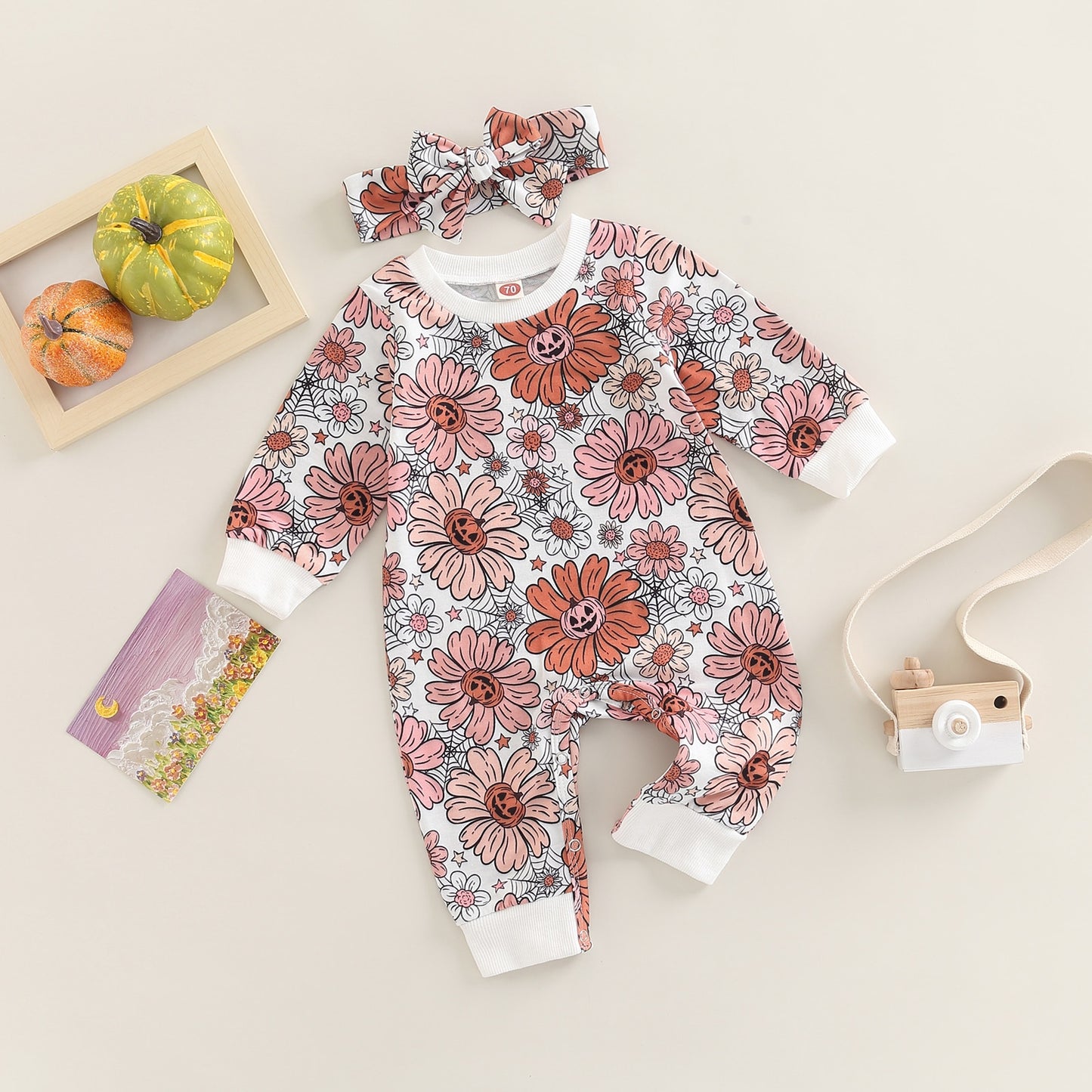 2022-07-29 Lioraitiin 0-18M Baby Girl\u2019s Long Sleeve Jumpsuit Fashion Pumpkin Flower Printed Long Romper with Headband