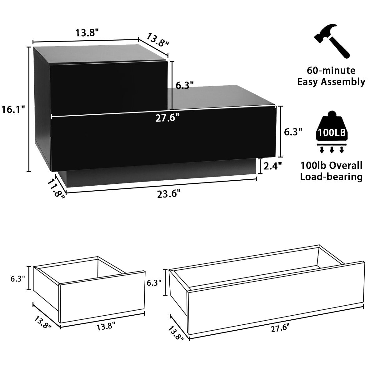 Luxury LED Nightstand Bedside Cabinet Bedside Table of 2 Drawers Coffee Table Bedside Table Nights Stands Home Bedroom Furniture