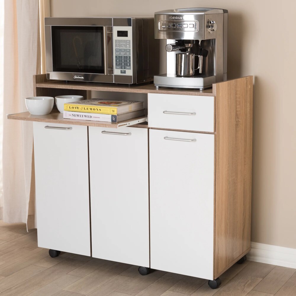 Charmain Rolling Kitchen Island Cart，Durable and Strong，77.16 Lbs，Oak, White Finish