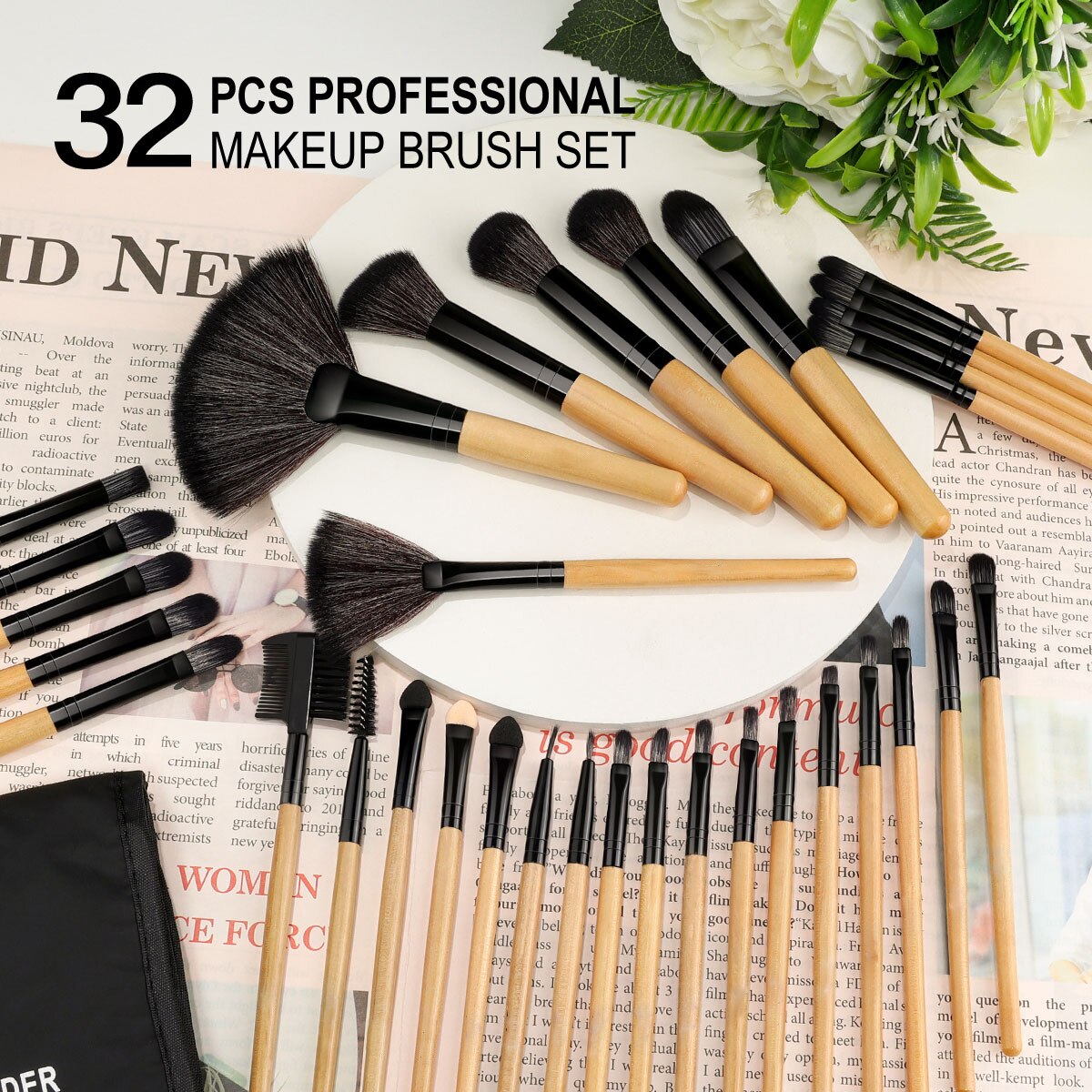 Kaizm 32pcs Natural Hair Makeup Brushes Set Cosmetic Foundation Powder Eyeshadow Eyebrow Premium Wooden Make Up Brush Tools Kits