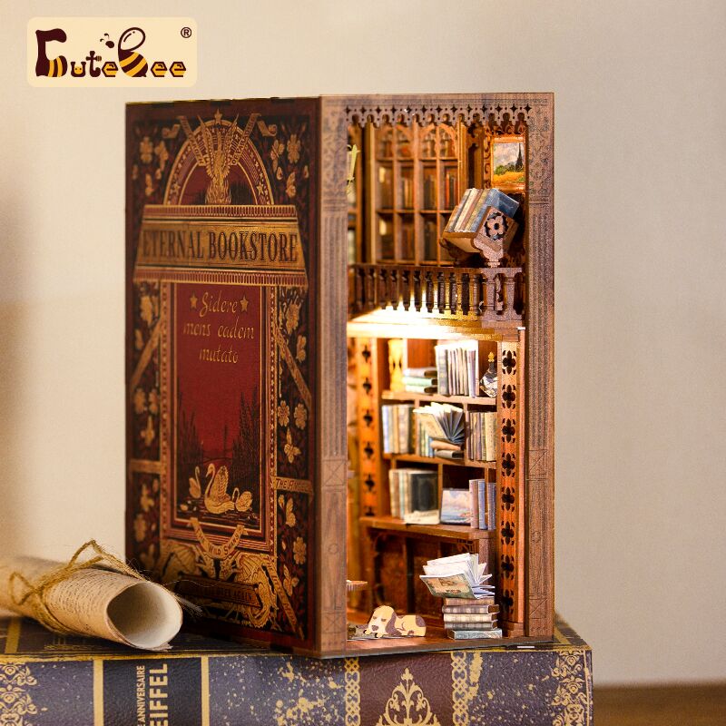 CUTEBEE Book Nook DIY Gifts Toy Miniature House Dollhouse Booknook Touch Light Model Building for Decoration Eternal Bookstore