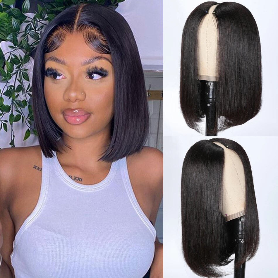 Straight Short Bob Wig V Part Wig Human Hair No Leave Out Thin Part Peruvian Hair Wigs for Women Short Wigs Glueless U Part Wig