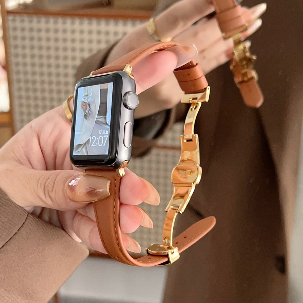 Leather Strap for Apple Watch Series 8 7 SE 6 5 4 3 2 Ultra 49mm Butterfly Buckle Lady Bracelet for iWatch 41 45mm 44 40 38 42MM