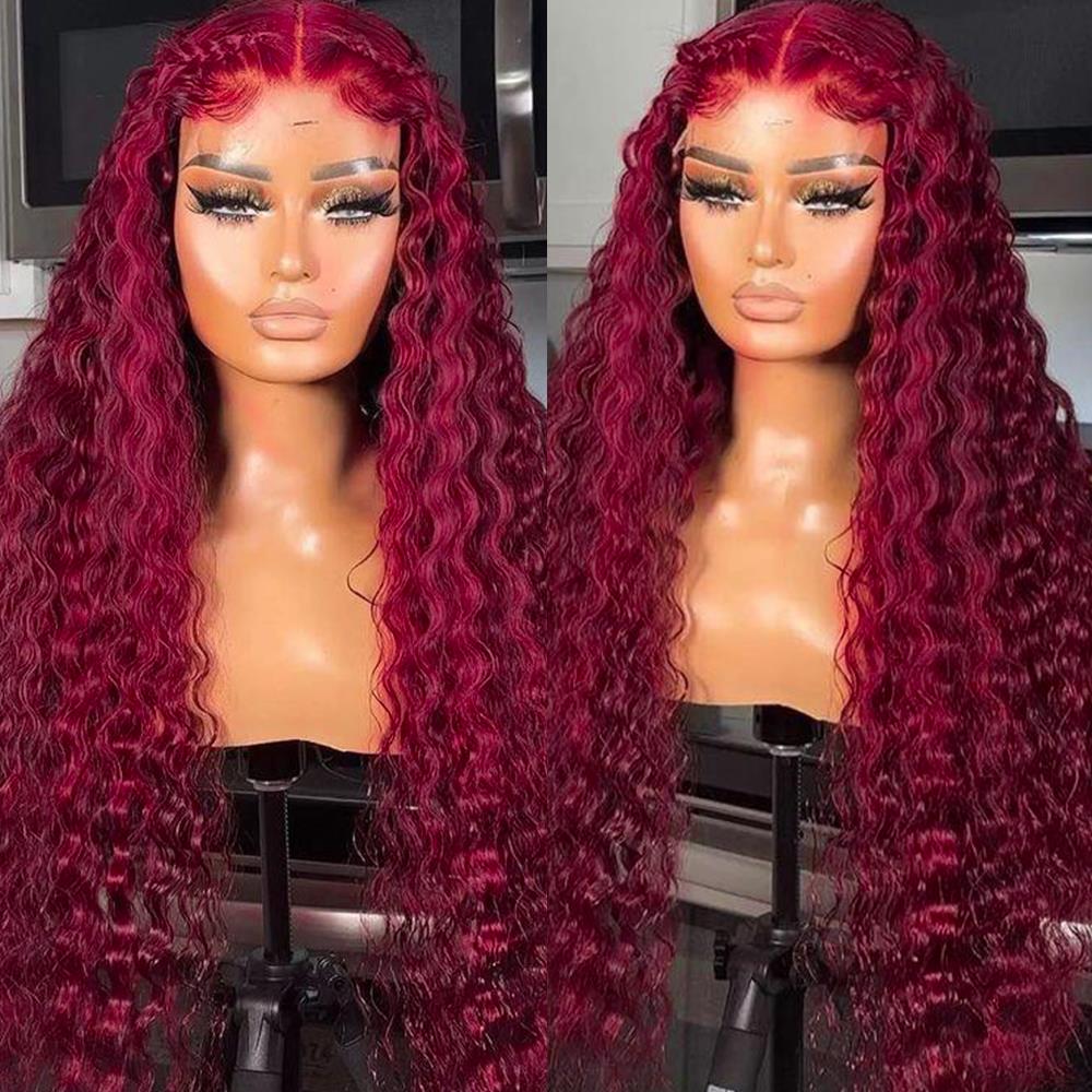 13x6 99J Red Lace Front Human Hair Wigs Colored Deep Wave Burgundy 13x4 Transparent Lace Frontal Wig Glueless Red Wig For Women