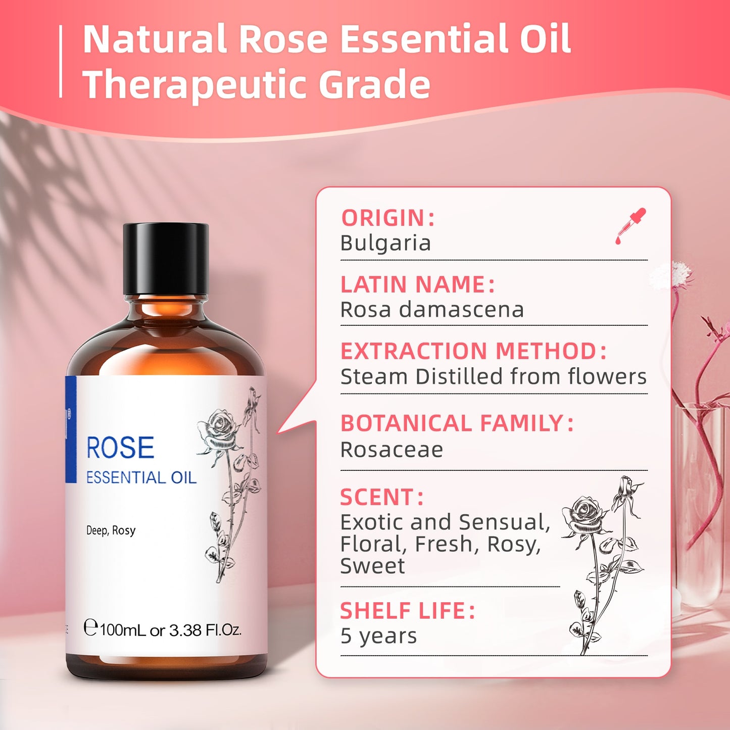 HIQILI 100ML Rose Essential Oils,100% Pure Nature for Aromatherapy | Used for Diffuser,Humidifier,Massage | Perfume DIY