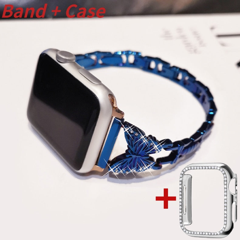 Metal Bling Band For Apple Watch 44 40 38 42mm 41 45 Women Stainless Steel Bracelet Diamond Butterfly For iWatch Series 7 6 543