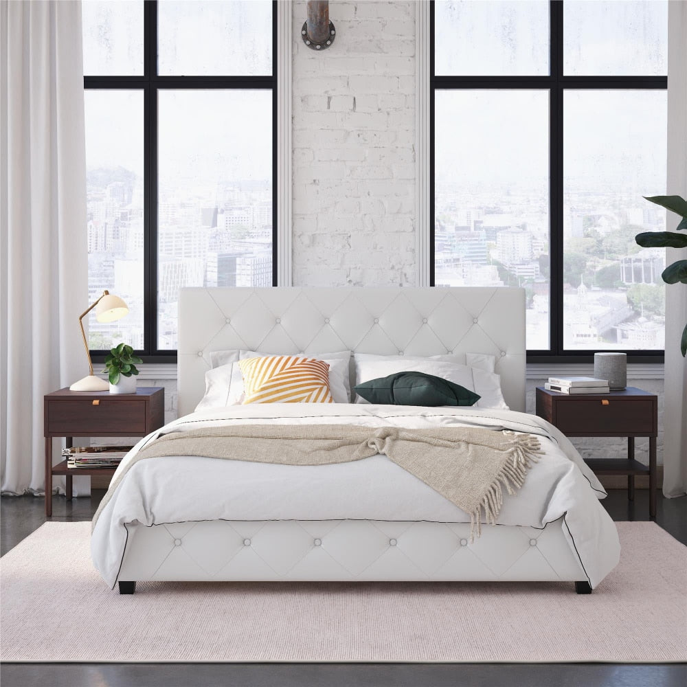 DHP Dakota Tufted Upholstered Platform Bed Frame, Queen, White Faux Leather