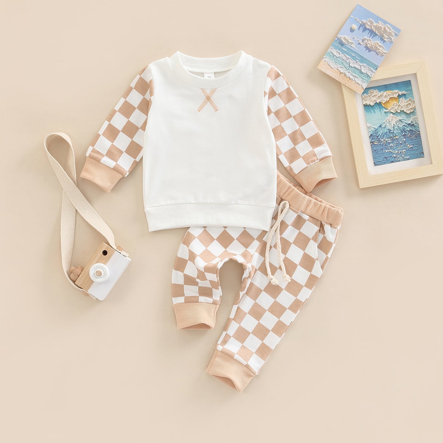 2022-07-16 Lioraitiin 0-3Years Toddler’s 2Pcs Clothes Set Fashion Checkerboard Printed Long Sleeve Tops Tie-up Long Pants