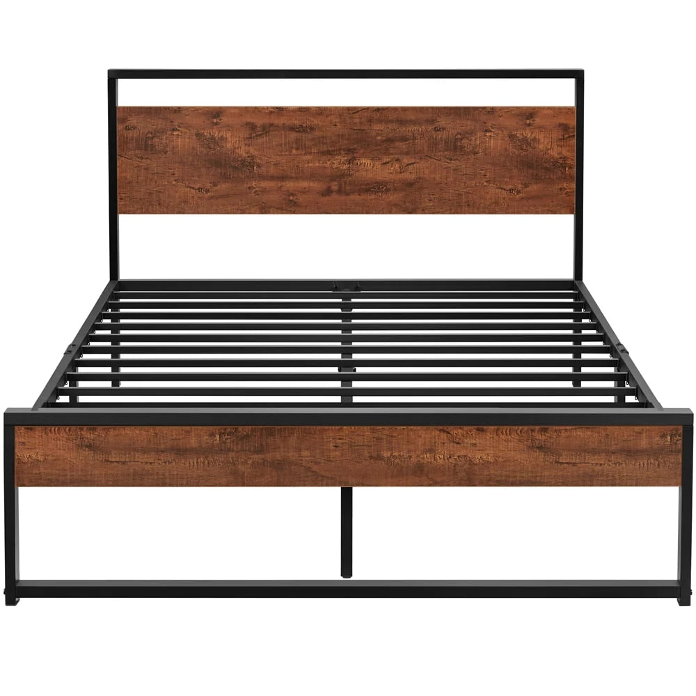 Rustic Metal Frame Base Platform Bed with Slat Support, Rustic Brown,Durable and Strong， Indoor