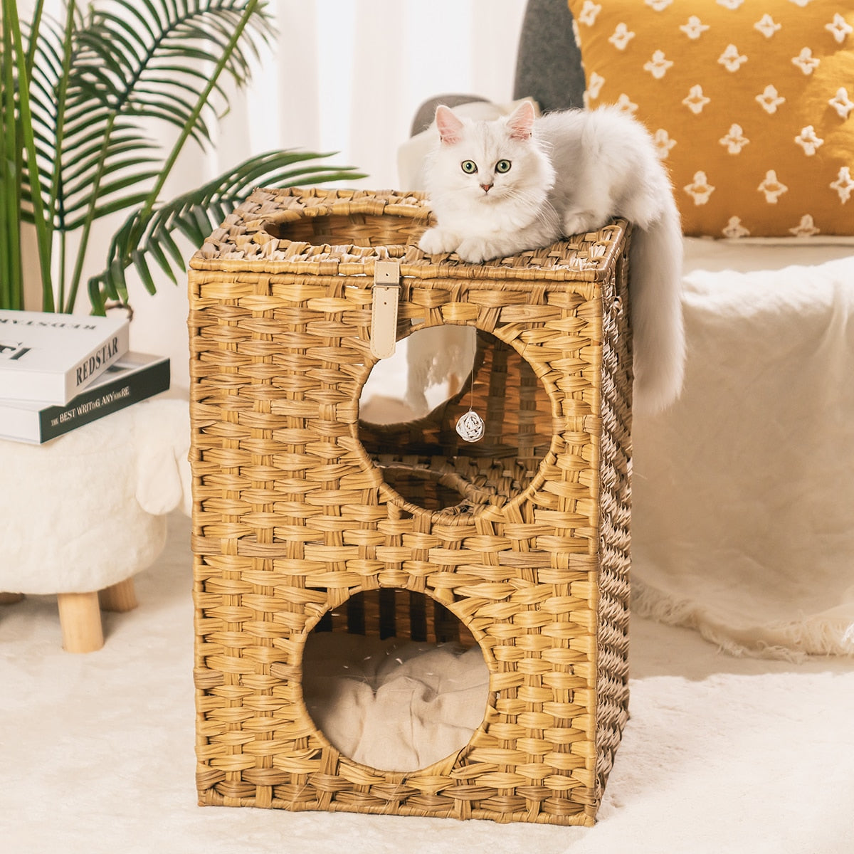 MewooFun Cat House Wicker Cat Bed for Indoor Woven Rattan Condos Outdoor Sturdy Large Cat Furniture Cages with Cushion US Stock