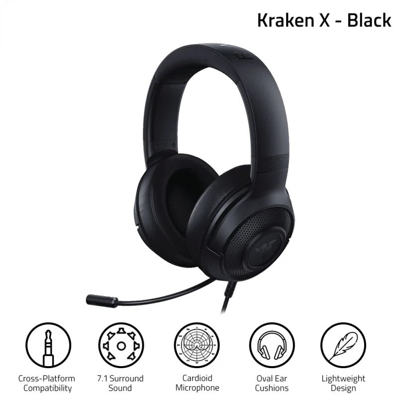 Razer Kraken X Gaming Headphone 7.1 Surround Sound Headset with Bendable Cardioid Microphone 40mm Driver Unit Headphones