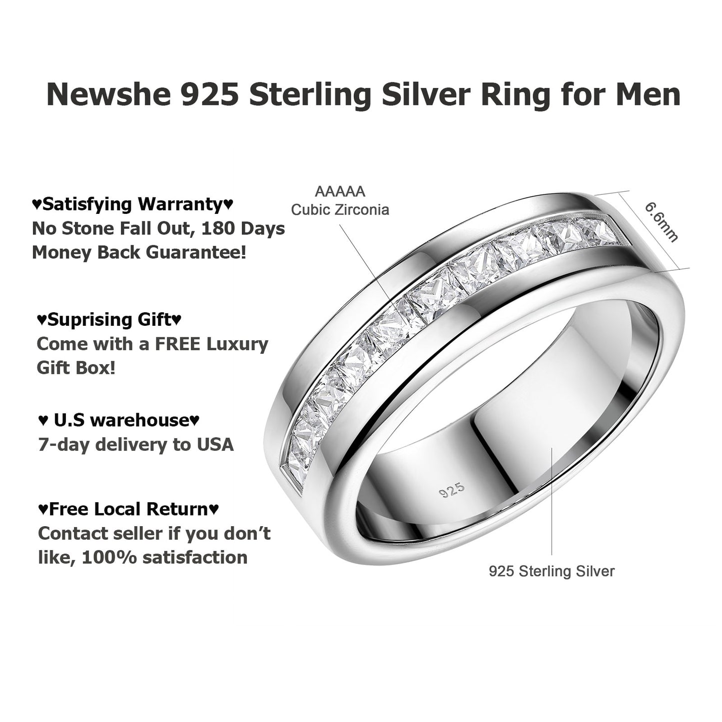 Newshe Genuine 925 Sterling Silver Wedding Rings for Men Half Eternity AAAAA Cubic Zircon Romantic Jewelry Size 8-13