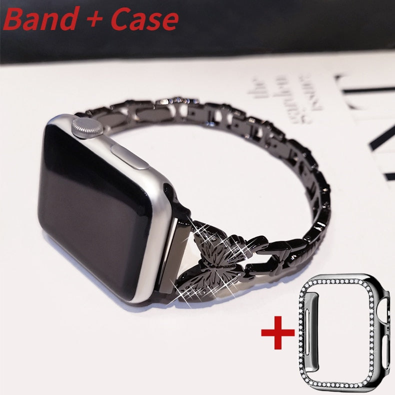 Metal Bling Band For Apple Watch 44 40 38 42mm 41 45 Women Stainless Steel Bracelet Diamond Butterfly For iWatch Series 7 6 543