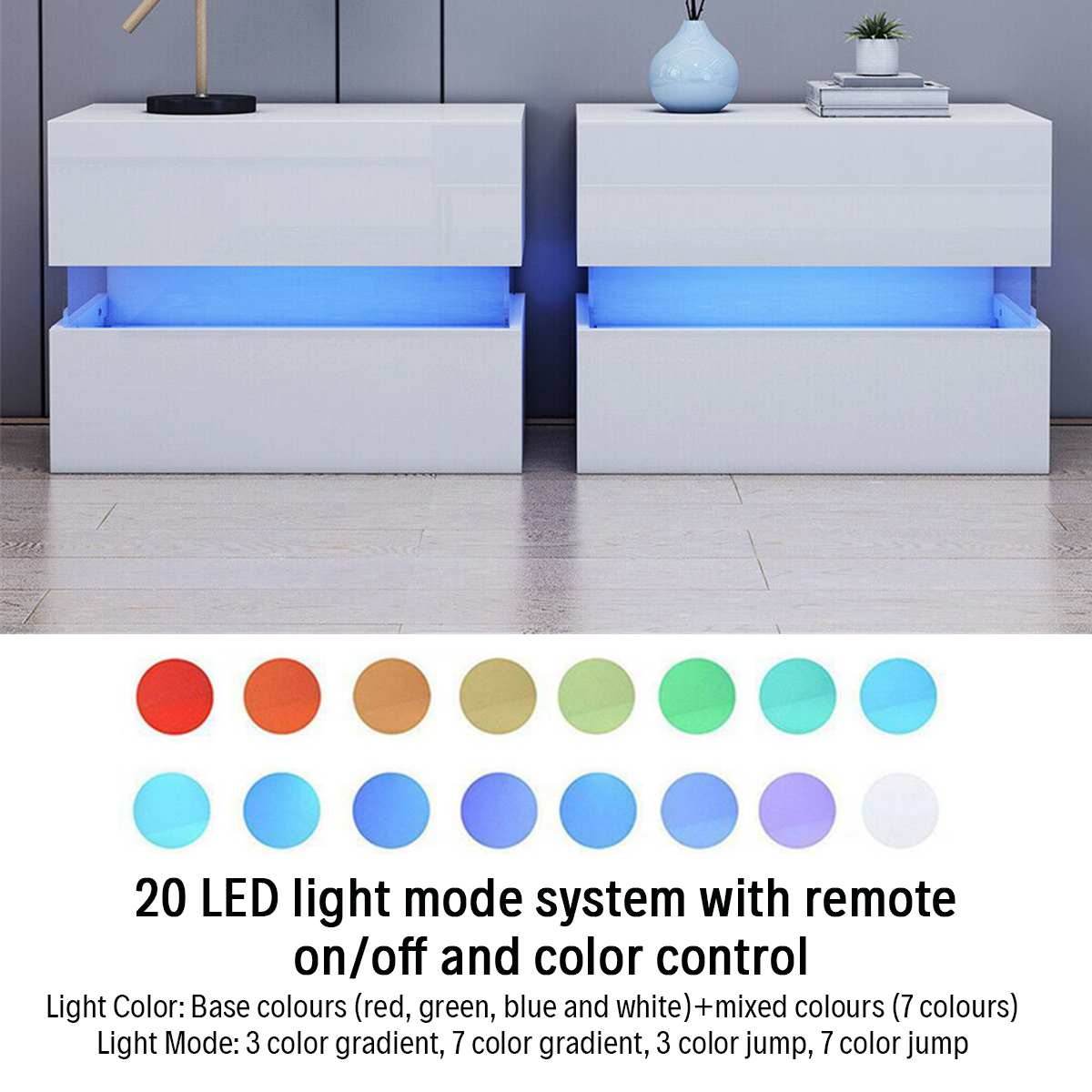 Modern Luxury LED Light Nightstand w/2 Drawers Organizer Storage Cabinet Bedside Table Bedroom Furniture for Night 20 Colors