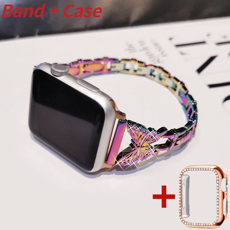 Metal Bling Band For Apple Watch 44 40 38 42mm 41 45 Women Stainless Steel Bracelet Diamond Butterfly For iWatch Series 7 6 543