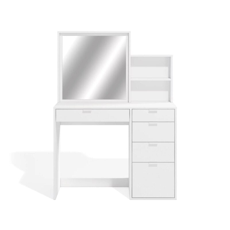 Suzana Compact  Vanity table - 5 Drawers &amp; Shelves in White Finish, for Bedroom makeup table vanity desk