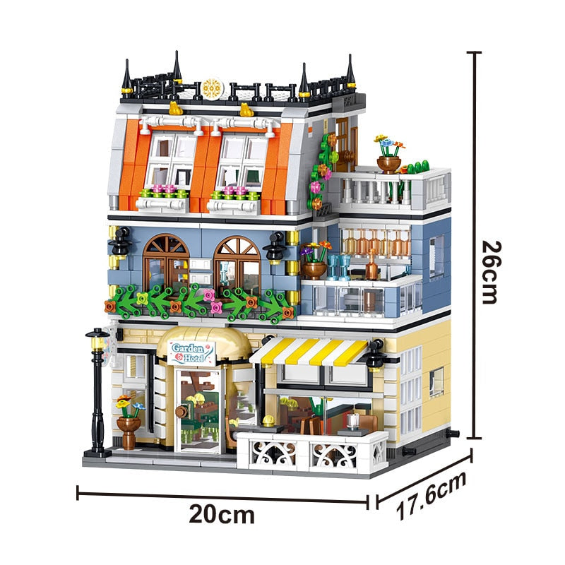 GULOGULO City Street View Building Blocks CAFE Shop Garden Hotel Restaurant Store Architecture Bricks Model Toy Gift For Kid