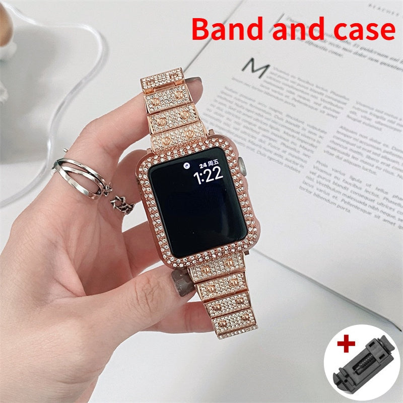 Luxury Diamond Band For Apple Watch 8 7 41 45mm Ultra 49mm For iWatch Series 6 SE 5 4 38 40 42 44mm Women Stainless Steel Strap