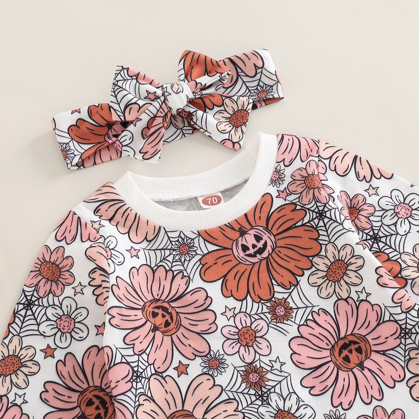 2022-07-29 Lioraitiin 0-18M Baby Girl\u2019s Long Sleeve Jumpsuit Fashion Pumpkin Flower Printed Long Romper with Headband