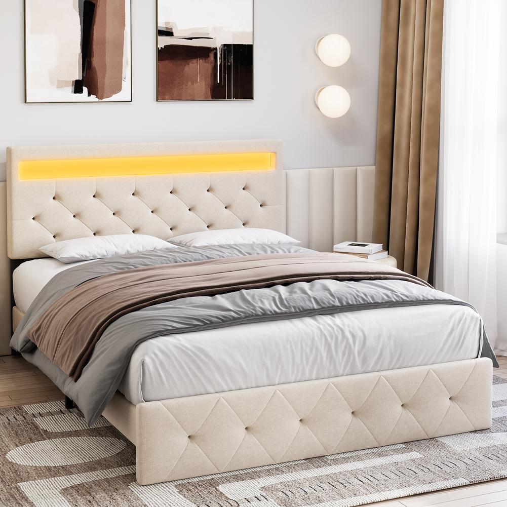 Full Bed Frame LED Lights Headboard Bed Frame with Fast-Charging USB Port Upholstered Platform Bed Frame No Box Spring Needed