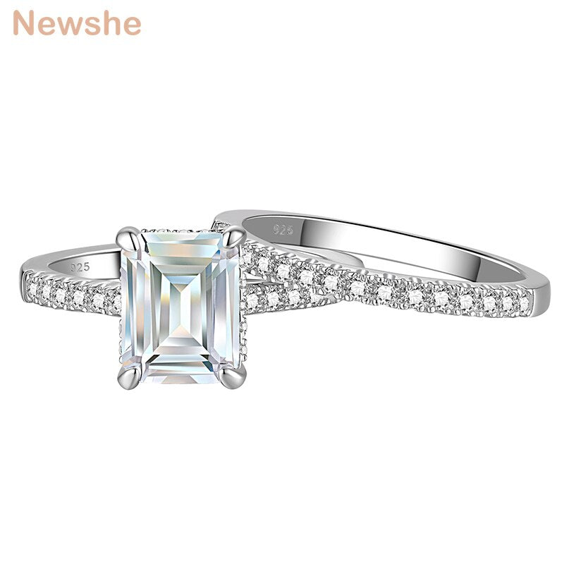 Newshe 3.4 Ct Emerald Cut Simulated Diamond Engagement Rings AAAAA CZ Genuine 925 Sterling Silver Wedding Bridal Set For Women