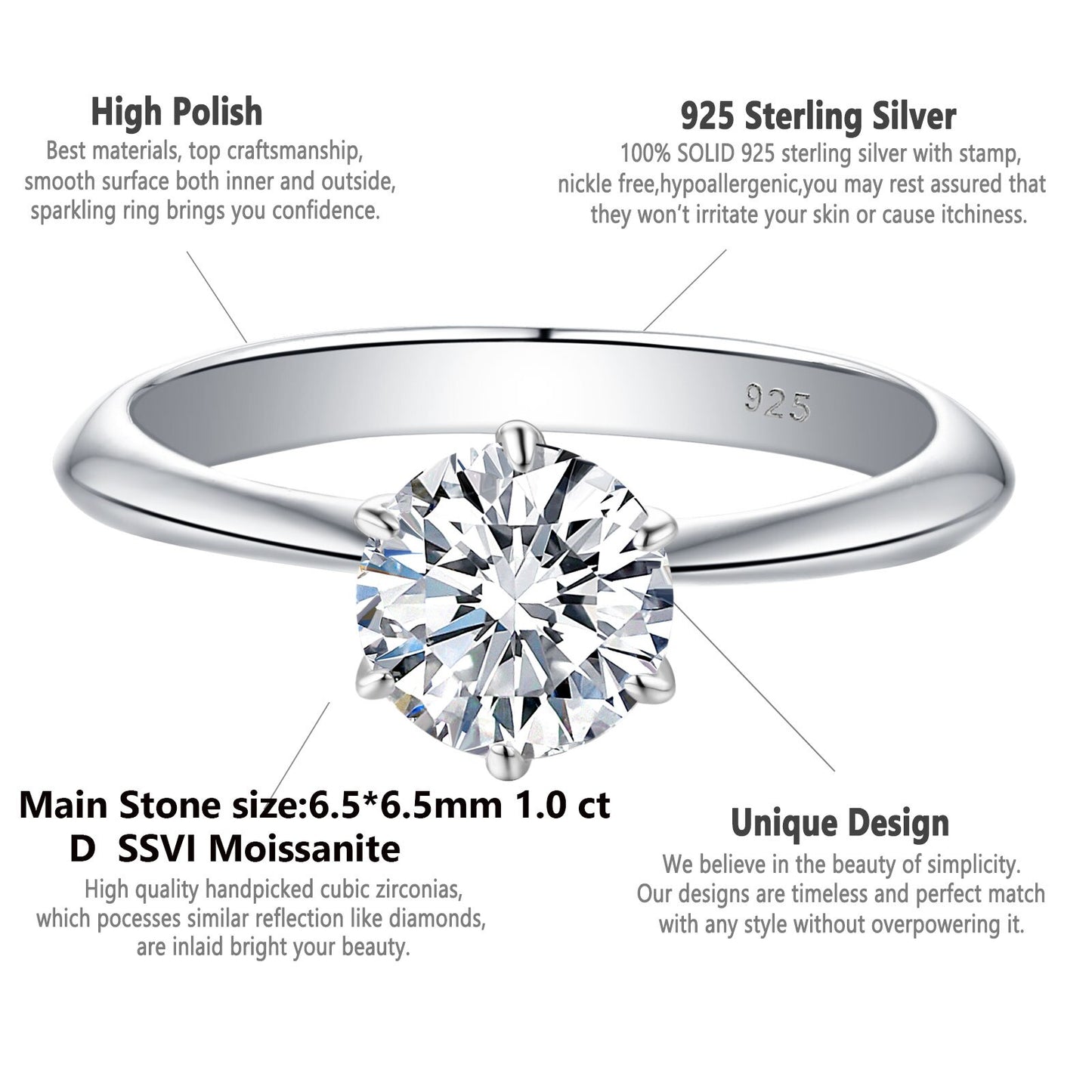 Newshe Solitaire 1 Carat D Color Moissanite Engagement Rings for Women 925 Sterling Silver Wedding Jewelry Size 4-13