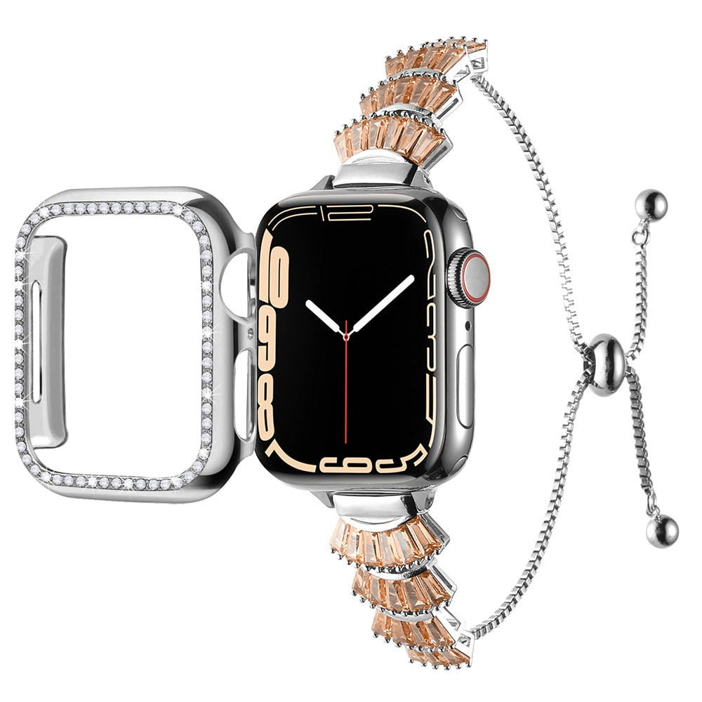 Cute Metal Strap+Diamond Case for Apple Watch Band 40mm 41mm 44mm 45mm 49 38 42mm Women Bracelet for Iwatch 8 7 6 5 4 Se Correa