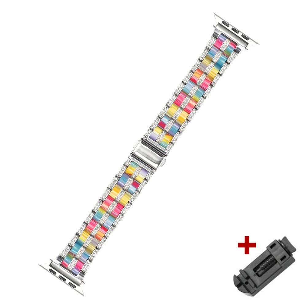 Luxury diamond resin strap for apple watch band series 7 6 SE 5 steel metal women lady bracelet for Iwatch 41 45mm 40 44 42 38mm