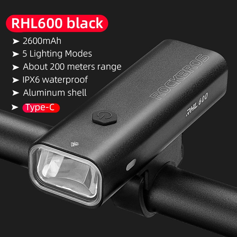 ROCKBROS Bike Light Rainproof Type-C Charging LED 2000mAh MTB Front Lamp Headlight Aluminum Ultralight Flashlight Bicycle Light