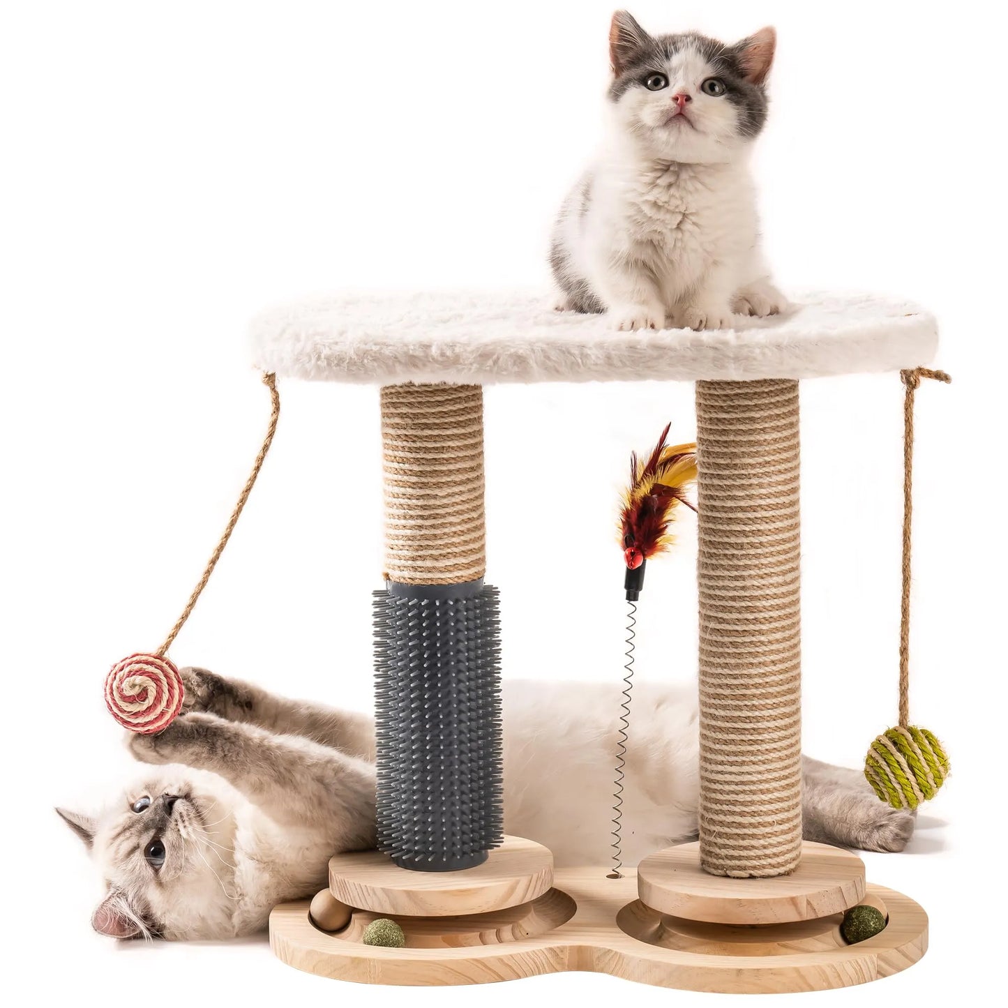 Mewoofun Cat Scratching Post for Indoor Soft Rabbit Fleece Perch for Rest Natural Sisal Scratcher Interactive Kitten Toy Balls