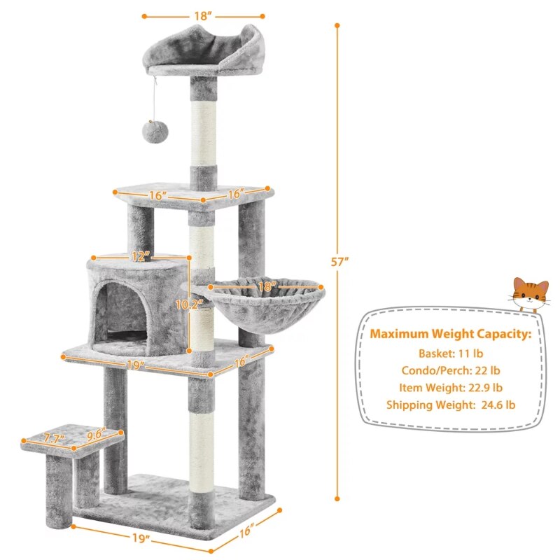 57″ Tall Multi Level Cat Tree with Basket &amp; Condo &amp; Scratching Post, Light Gray