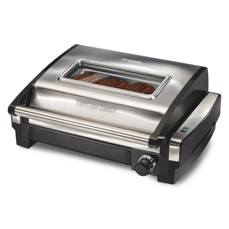 Hamilton Beach Electric Indoor Searing Grill with Removable Plates，Less Smoke, Brushed Metal, with Glass Viewing Window Model