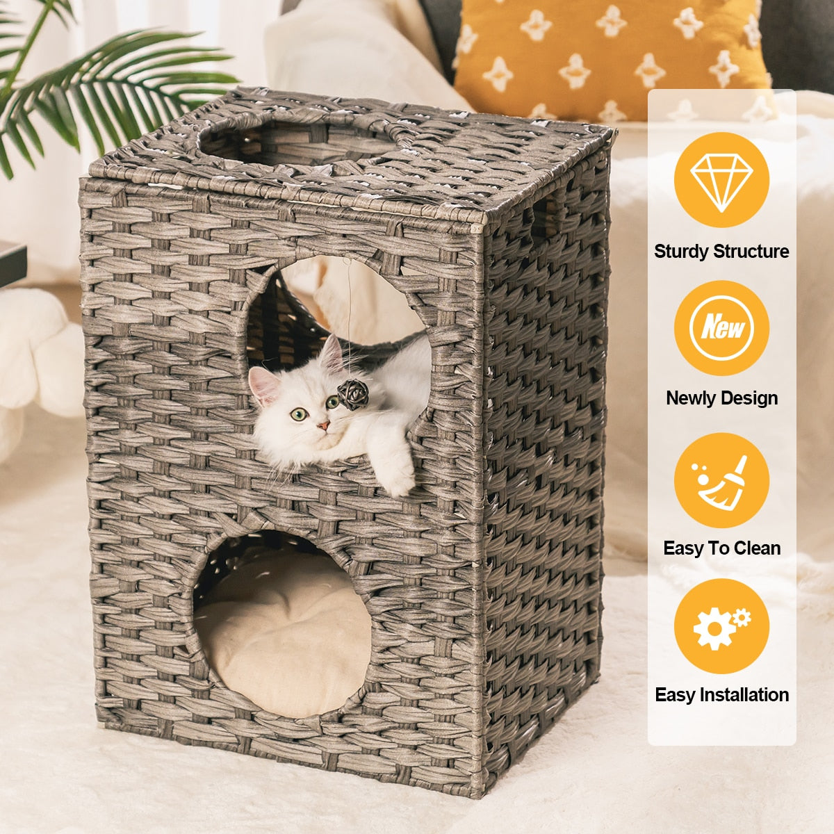 MewooFun Cat House Wicker Cat Bed for Indoor Woven Rattan Condos Outdoor Sturdy Large Cat Furniture Cages with Cushion US Stock