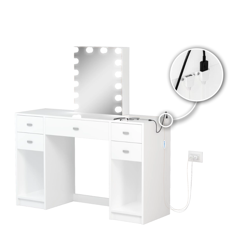 Ember Interiors Candace Modern Painted Vanity Table, USB Port, Lights, for Bedroom makeup table vanity desk