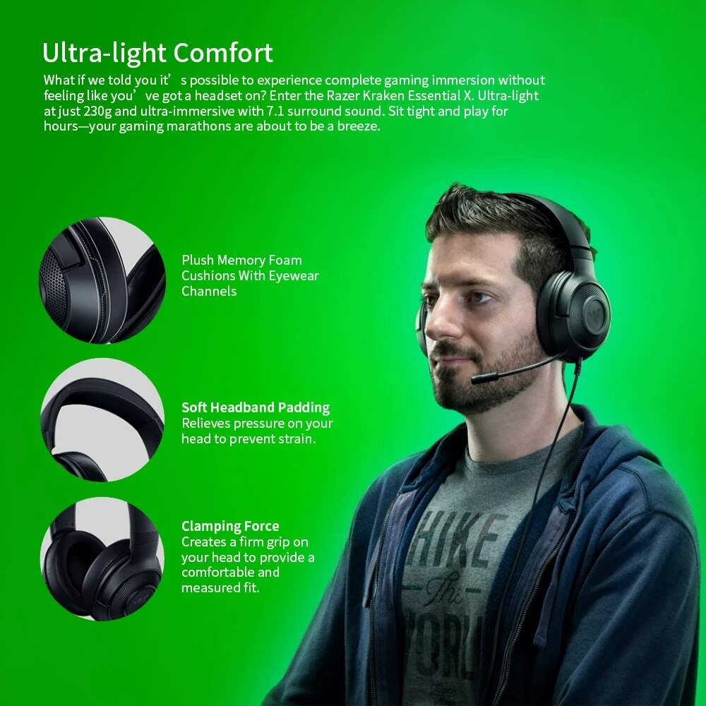 Razer Kraken X Gaming Headphone 7.1 Surround Sound Headset with Bendable Cardioid Microphone 40mm Driver Unit Headphones