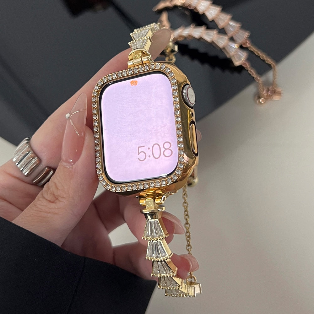 Diamond Case Band for Apple Watch Series 8 41 45mm Ultra 49mm 40 38mm Women Metal Strap for iWatch 8 6 3 4 5 Se 2 44 42mm Correa