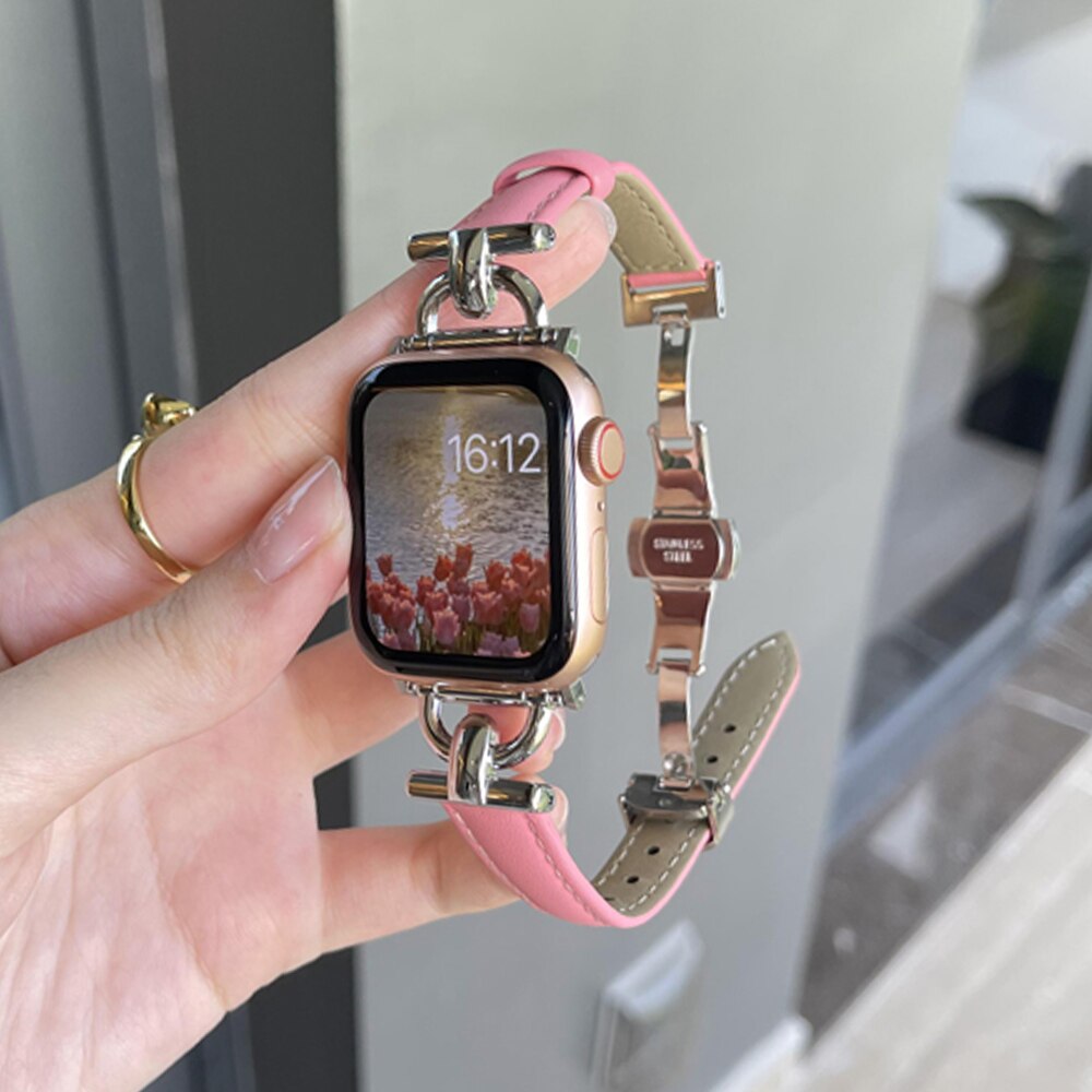 Leather Women Bracelet for Apple Watch Ultra 49mm 41 45mm 38 40mm 42 44MM Butterfly Buckle Band for iWatch Series 8 7 6 SE 5 4 3