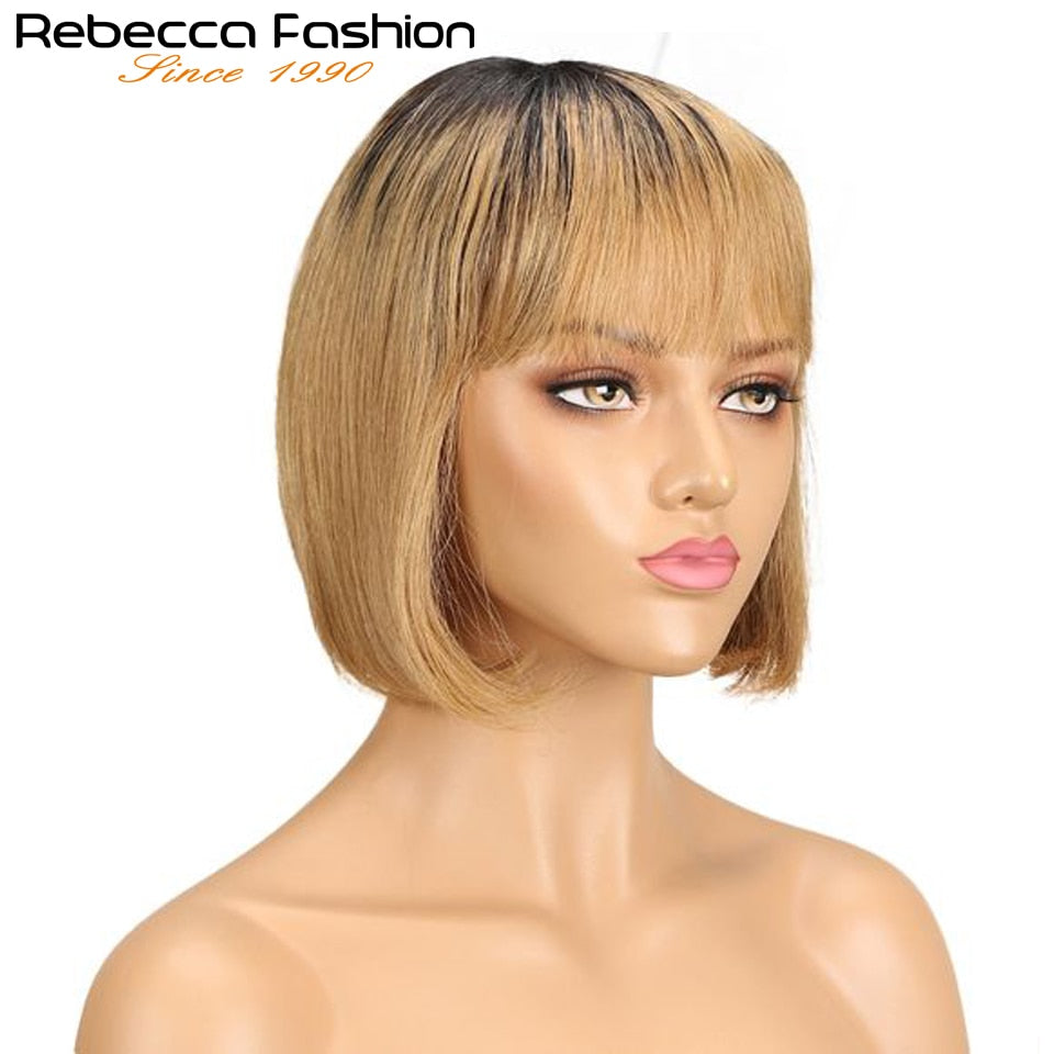 180D Orange/Ginger Colored Blonde Straight Human Hair Bob Wigs With Bangs Remy Full Machine Made for Women P4/30 613 99J T1B/27